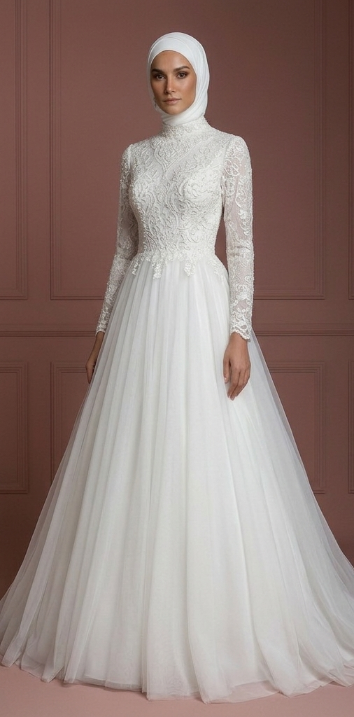 Tulle Layered Ball Gown – Pearl White Modest Bridal Hijab Style Wedding Dress Muslim