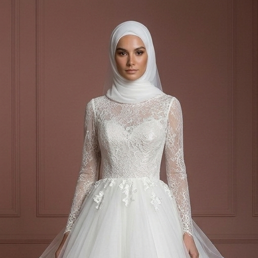Tulle Layered Hijab Wedding Dress – Princess Style in Soft White Muslim