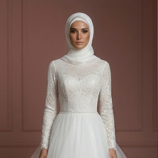 Tulle Layered Nikah Wedding Dress – Soft White Princess Style with Hijab Muslim