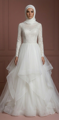 Tulle Layered Nikah Wedding Dress – Soft White Princess Style with Hijab Muslim