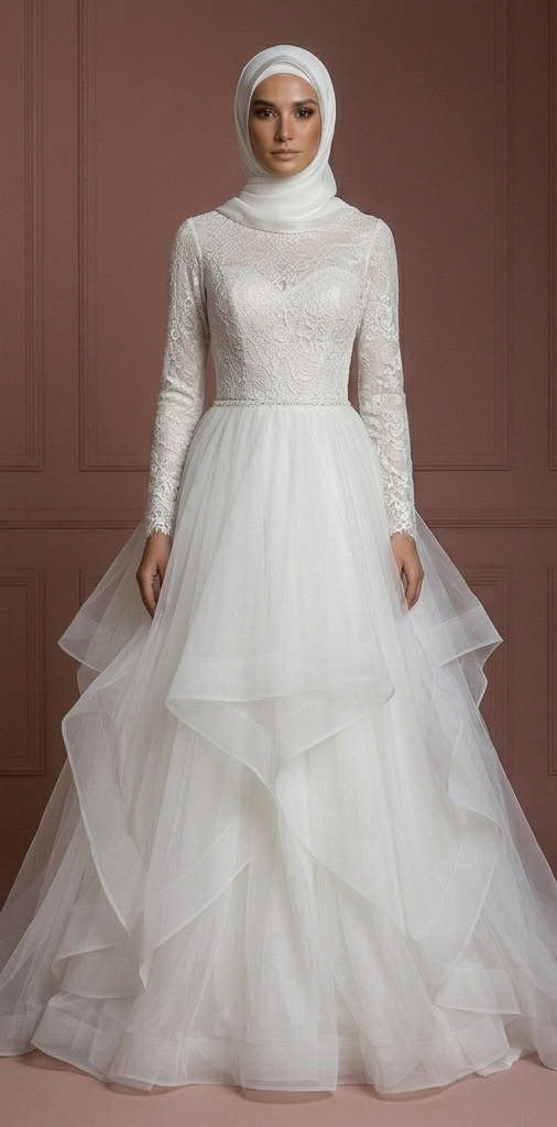 Tulle Layered Nikah Wedding Dress – Soft White Princess Style with Hijab Muslim