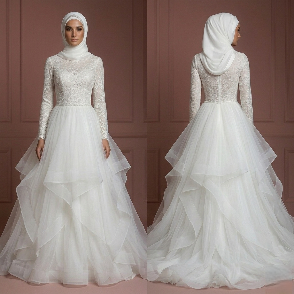 Tulle Layered Nikah Wedding Dress – Soft White Princess Style with Hijab Muslim