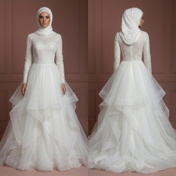 Tulle Layered Nikah Wedding Dress – Soft White Princess Style with Hijab Muslim
