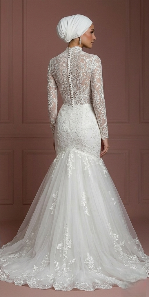 Tulle Mermaid Wedding Dress – Pearl White Hijab-Friendly Style Muslim