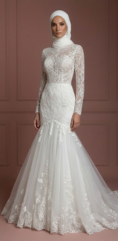 Tulle Mermaid Wedding Dress – Pearl White Hijab-Friendly Style Muslim