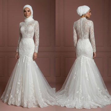 Tulle Mermaid Wedding Dress – Pearl White Hijab-Friendly Style Muslim