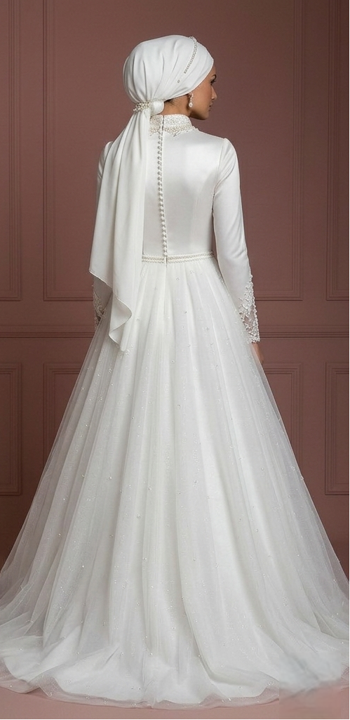 Tulle Princess Bridal Wedding Dress – Pearl White for Modern Hijab Brides Muslim