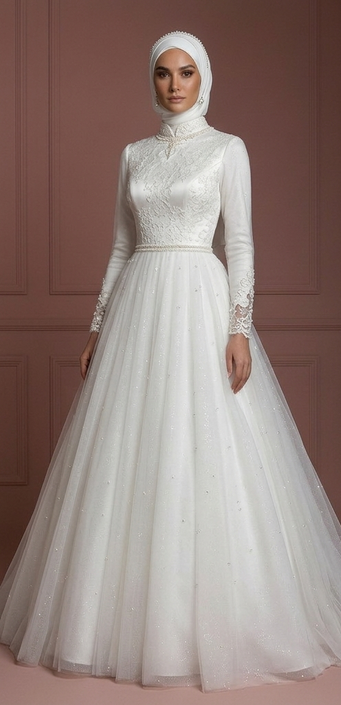 Tulle Princess Bridal Wedding Dress – Pearl White for Modern Hijab Brides Muslim