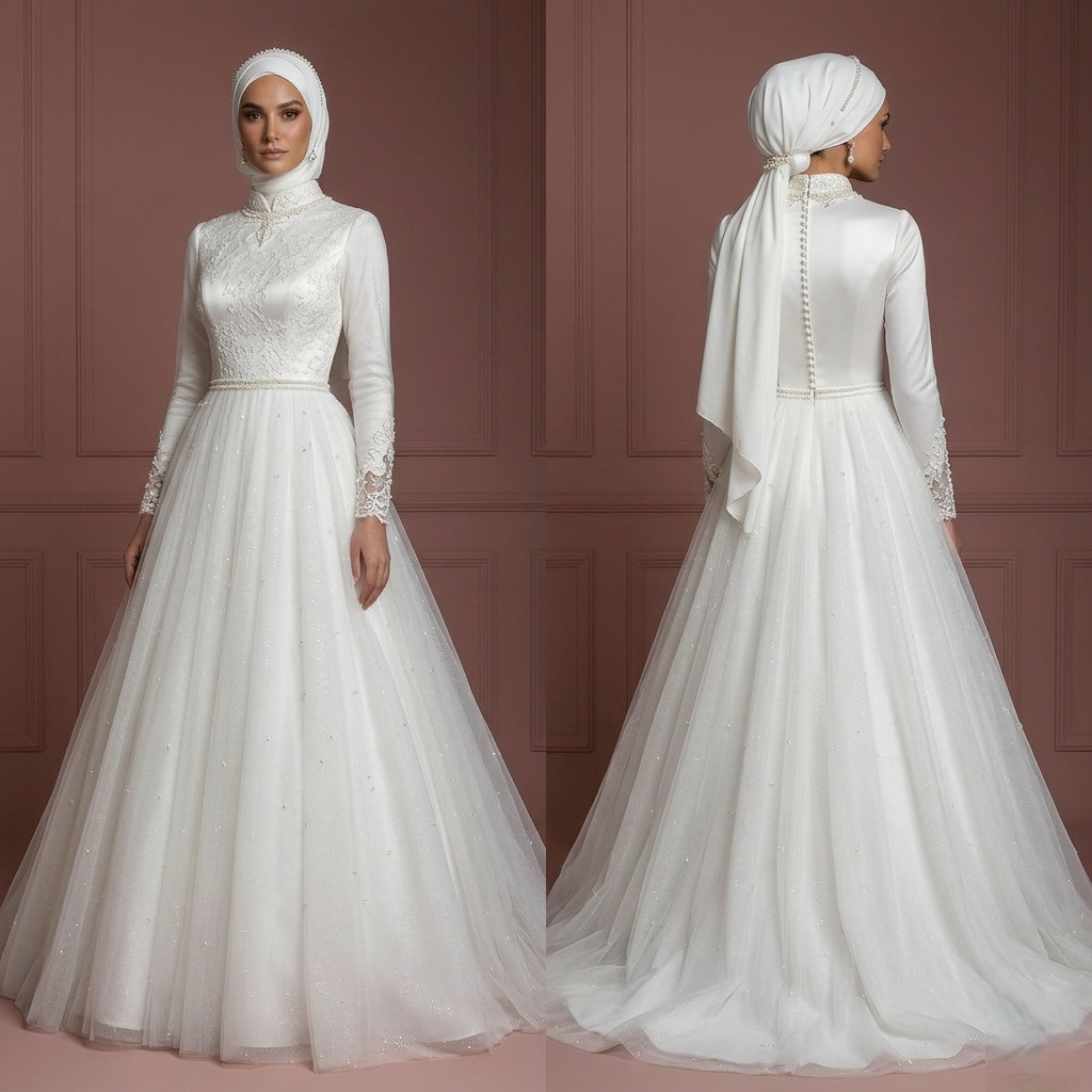 Tulle Princess Bridal Wedding Dress – Pearl White for Modern Hijab Brides Muslim