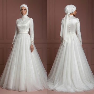 Tulle Princess Bridal Wedding Dress – Pearl White for Modern Hijab Brides Muslim