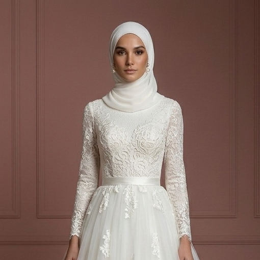 Tulle Princess Wedding Dress with Hijab – Soft Ivory for Brides Muslim