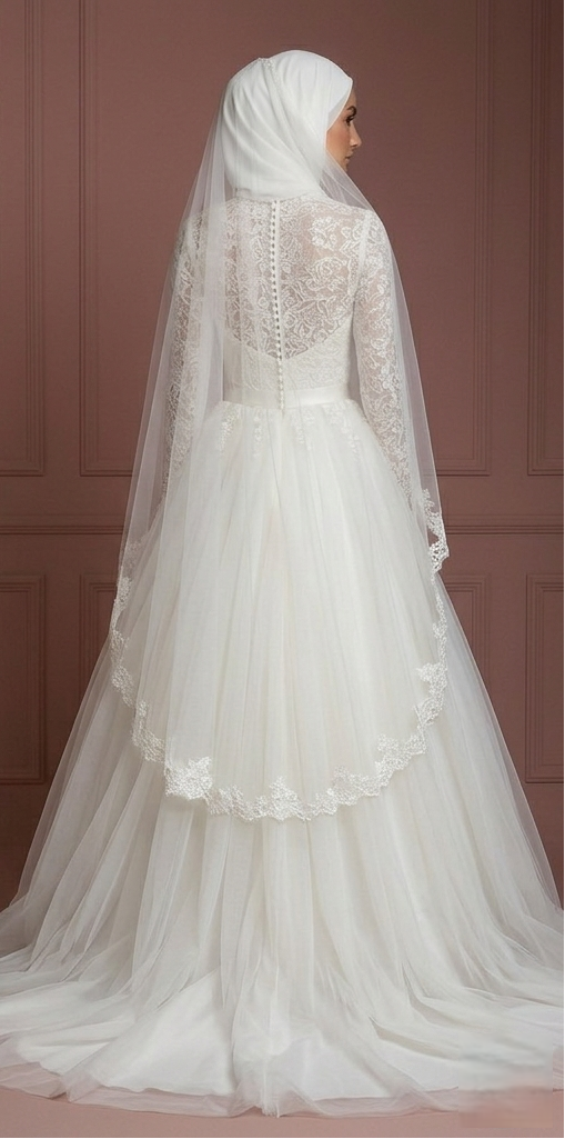 Tulle Princess Wedding Dress with Hijab – Soft Ivory for Brides Muslim