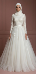 Tulle Princess Wedding Dress with Hijab – Soft Ivory for Brides Muslim