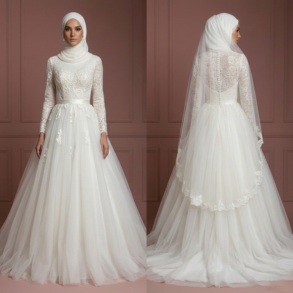 Tulle Princess Wedding Dress with Hijab – Soft Ivory for Brides Muslim