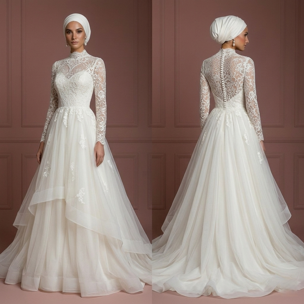 Tulle & Lace Elegant Wedding Dress – Soft Ivory Hijab Outfit Muslim