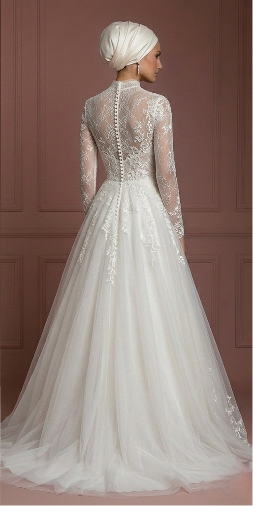 Tulle & Lace Princess Wedding Dress – Elegant Hijab Outfit Muslim