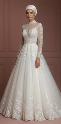 Tulle & Lace Princess Wedding Dress – Elegant Hijab Outfit Muslim