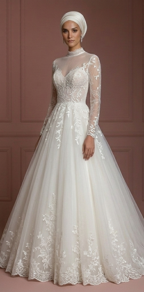 Tulle & Lace Princess Wedding Dress – Elegant Hijab Outfit Muslim