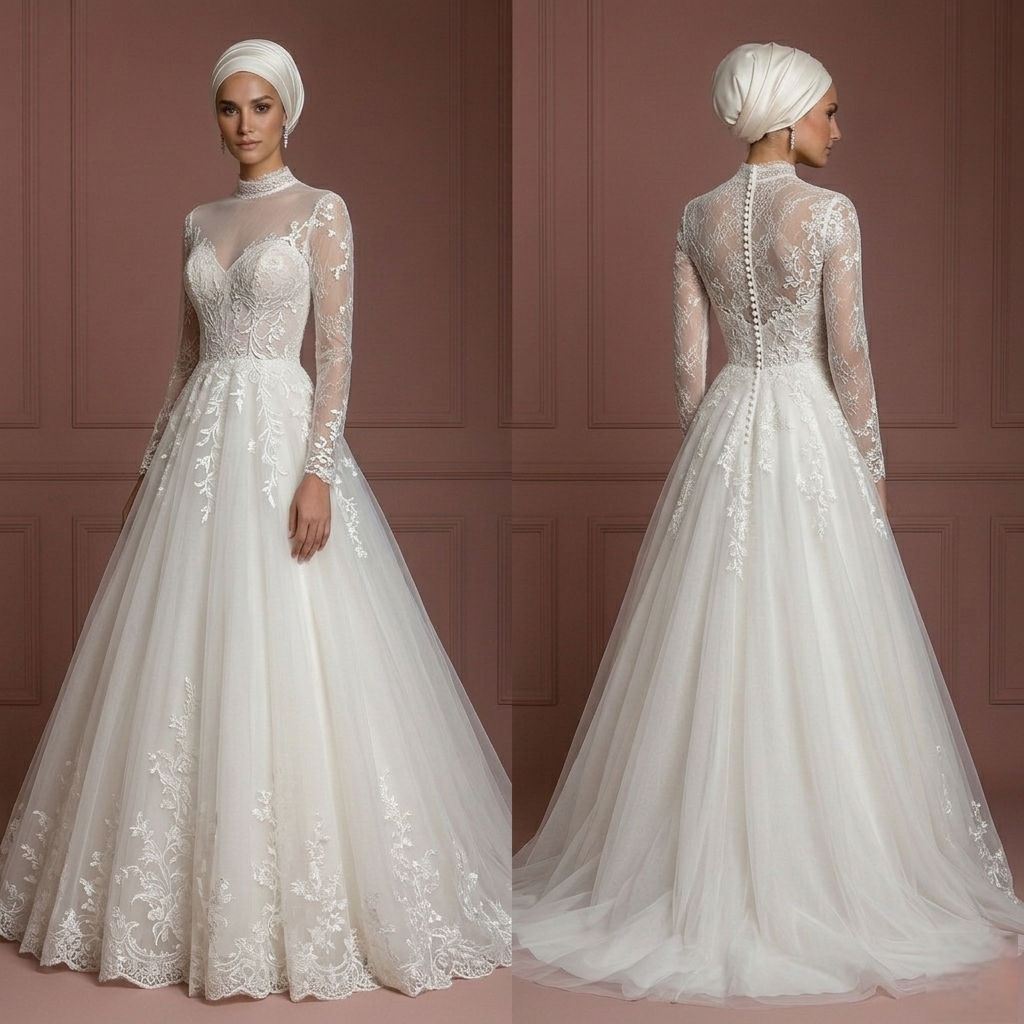 Tulle & Lace Princess Wedding Dress – Elegant Hijab Outfit Muslim