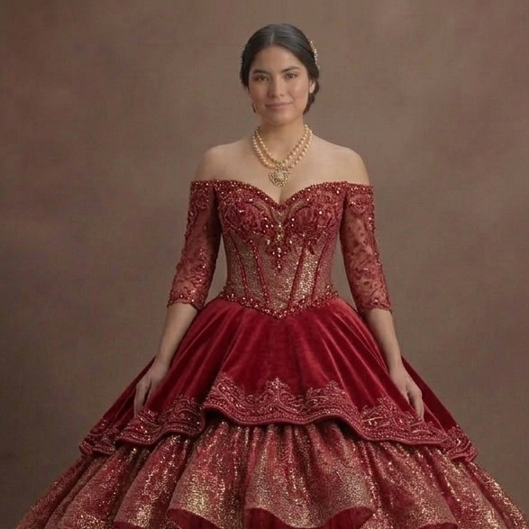 Two-Piece Red Quinceañera Dress Sparkle Fabric Design