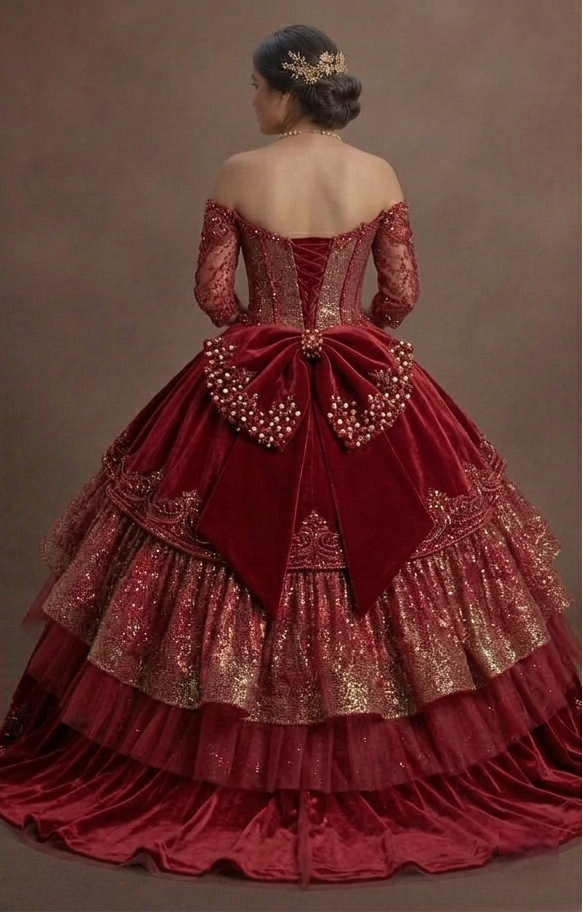 Two-Piece Red Quinceañera Dress Sparkle Fabric Design