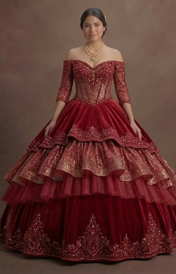 Two-Piece Red Quinceañera Dress Sparkle Fabric Design
