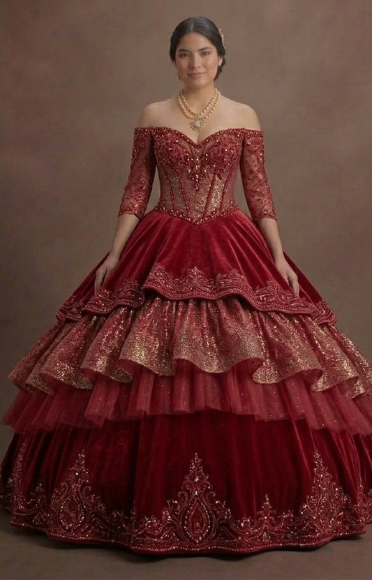 Two-Piece Red Quinceañera Dress Sparkle Fabric Design