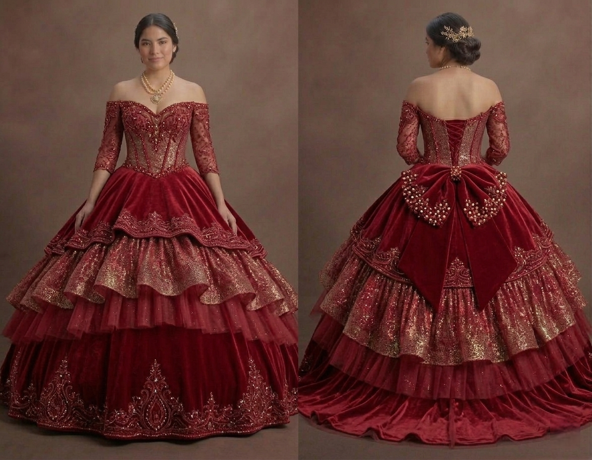 Two-Piece Red Quinceañera Dress Sparkle Fabric Design