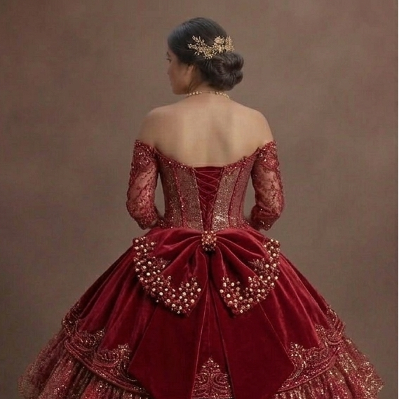 Two-Piece Red Quinceañera Dress Sparkle Fabric Design