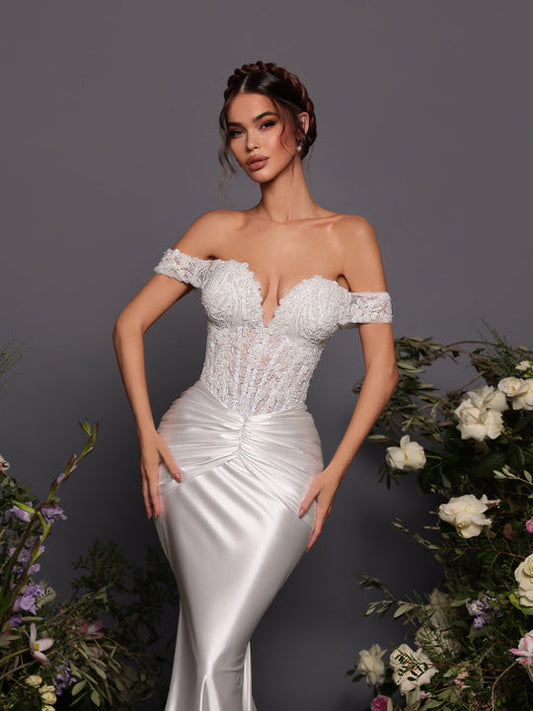 Enkla sjöjungfru bröllopsklänningar för kvinna sexiga off axelapplikationer svep tåg formella eleganta brudklänningar mantel de mariée
