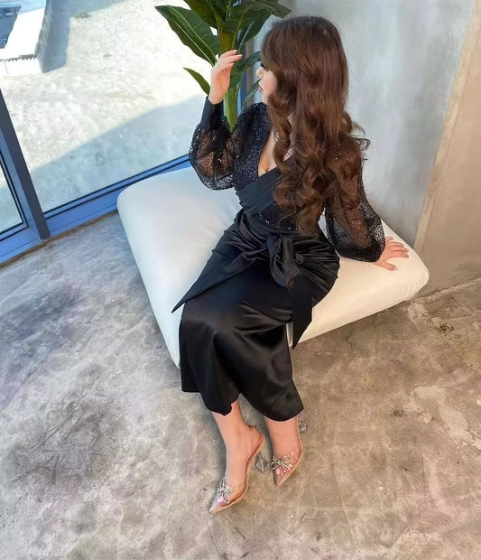 Black Sheath Arabia Midi Evening Dresses Satin Lace Long Sleeves Prom Party Gowns Ankle Length Formal Prom Dress