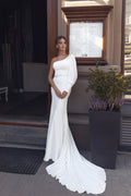 Stunning Mermaid Bridal Dress with Long Sleeves, Asymmetric Neckline & Flattering Natural Waistline for a Bold and Elegant Look