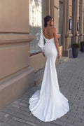 Stunning Mermaid Bridal Dress with Long Sleeves, Asymmetric Neckline & Flattering Natural Waistline for a Bold and Elegant Look