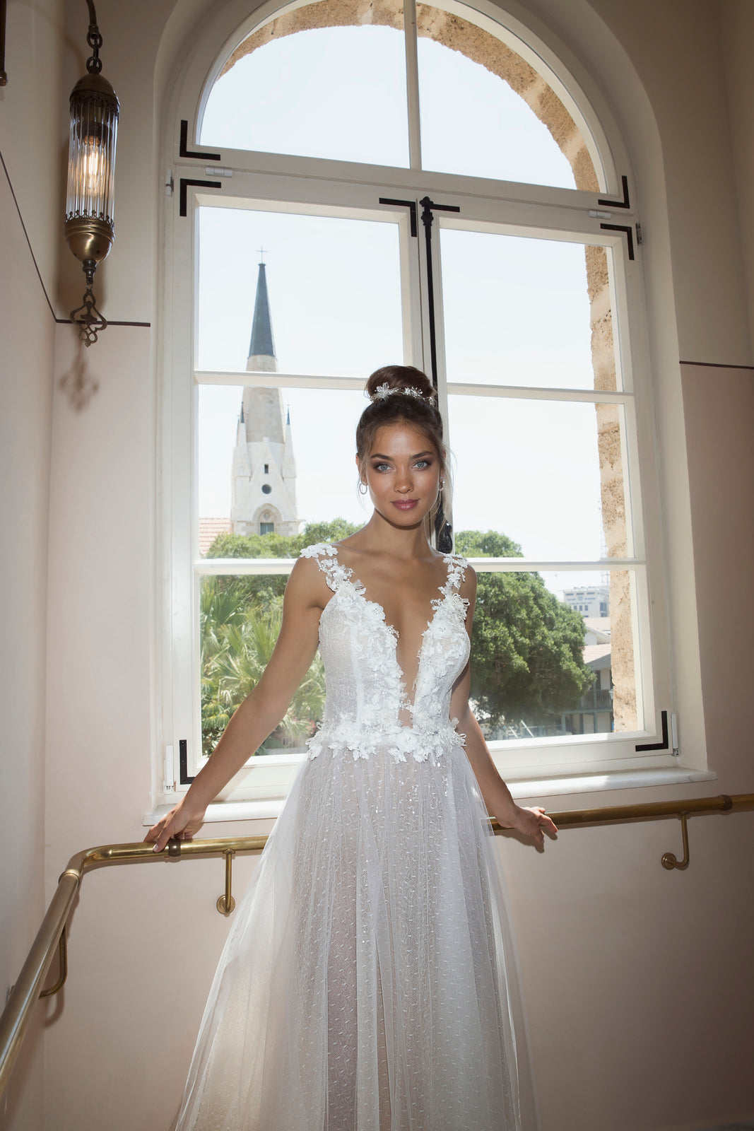 Timeless A-Line Bridal Dress with Spaghetti Straps, Deep V-Neckline & Flattering Natural Waistline for a Graceful, Romantic Look