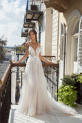 Elegant A-Line Wedding Dress with Straps, V-Neckline & Flattering Natural Waistline for a Breathtaking Bridal Look