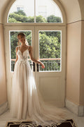 Elegant A-Line Wedding Dress with Straps, V-Neckline & Flattering Natural Waistline for a Breathtaking Bridal Look