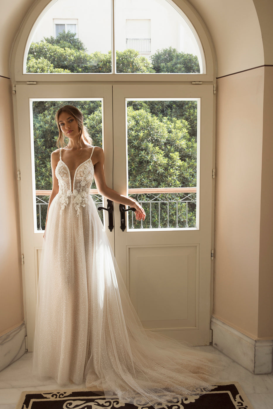 Elegant A-Line Wedding Dress with Straps, V-Neckline & Flattering Natural Waistline for a Breathtaking Bridal Look