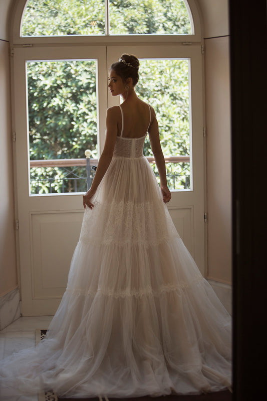 Romantic A-Line Wedding Dress with Straps, V-Neckline & Flattering Natural Waistline for an Elegant Bridal Look - Camilla's