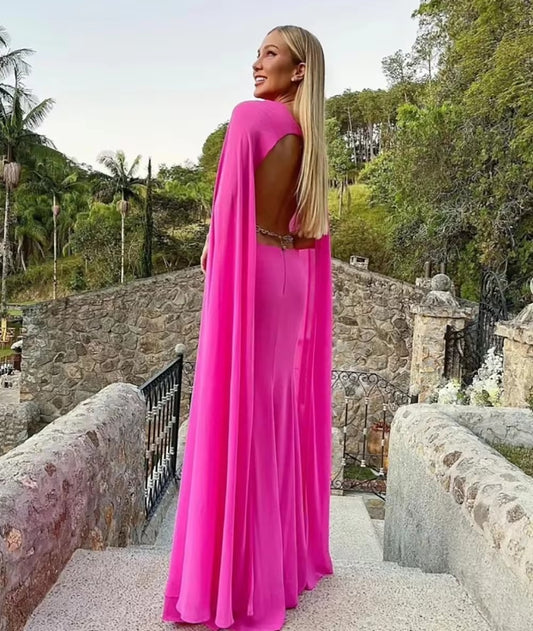 Sexy Amaranth Chiffon Prom Dresses Pleat Ruched Long Cape Sleeves Backless Formal Evening Dress Women Party Gowns