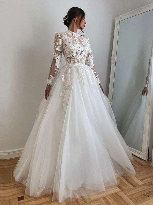 Elegant Vintage High Neck Tulle Wedding Dresses 3D Appliques Lace A Line Princess Long Sleeve Bridal Gown Robe Vestido De Novia