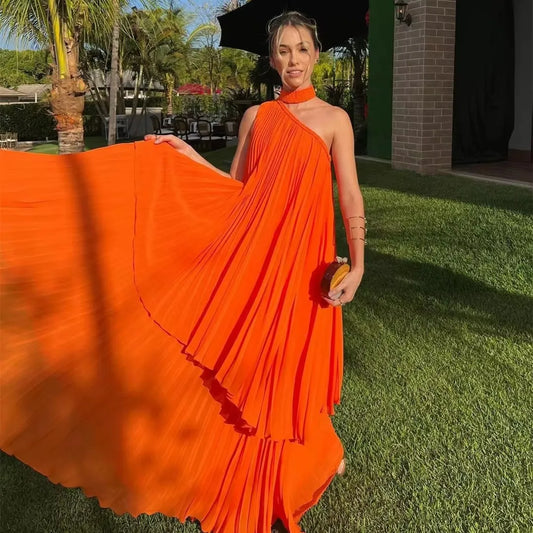 Modest Orange Chiffon Evening Dresses Halter Tiered Pleated Sleeveless Prom Dress Floor Length Vestidos De Gala