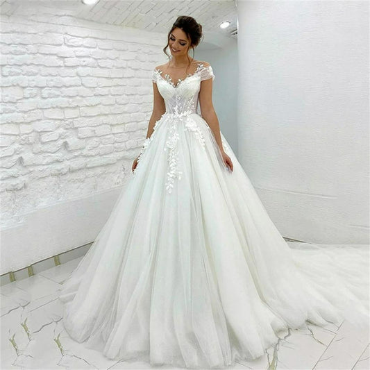 Klassisk vit tyll bröllopsklänning ärmlösa 3D blommor a-line golvlängd brudklänning skräddarsydd kvinnor formell aftonklänning