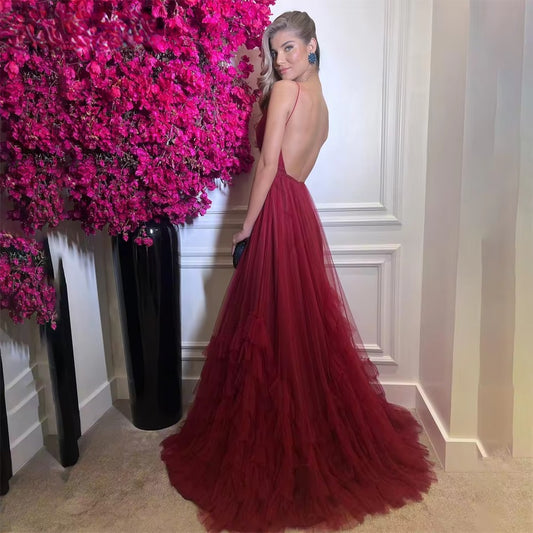 Burgundy Pleated Tulle Prom Party Dresses Sexy Backless V-Neck Layered Skirt Long Women Evening Gowns Formal Dress