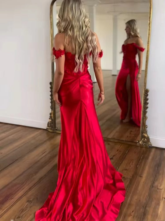 Off the Shoulder vestidos de noche Mermaid Satin Prom Dresses Elegant Sleeveless Floor-Length Side Split Formal Evening