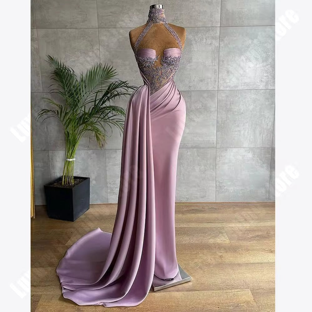 Vestidos de Noche de encaje de sirena lila, vestidos de satén de cuello alto para mujer, vestidos de fiesta de graduación, apliques, vestido Formal de noche para discoteca hecho a medida