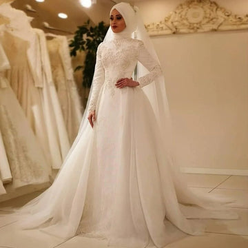 OYISHA Arabic Muslim Wedding Dresses For Women High Neck Long Sleeves Lace A-line Bridal Gowns With Veils Robe De Mariage