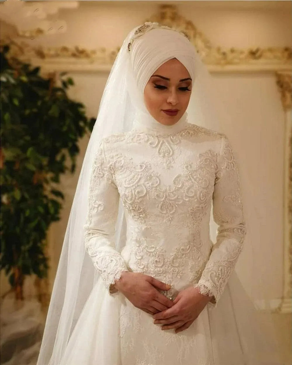 Oyisha Arabic Muslim Wedding Dresses for Women High Neck Long Sleeves Lace A Line Bridal Gowns with Veils Robe de Mariage White 26W