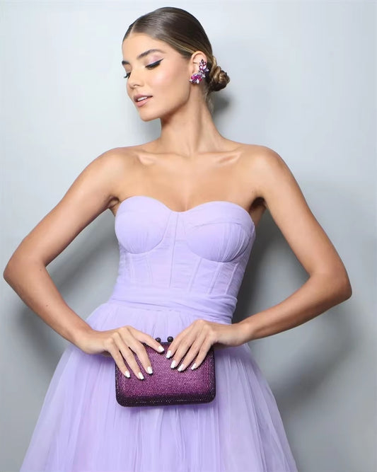 Elegant Lavender Tulle Prom Dress A-Line Strapless Tiered Ruched Formal Evening Dress Floor Length Party Gown