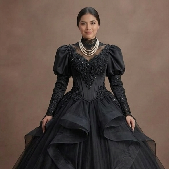 Victorian Black Quinceañera Dress Corset & Lace Detail