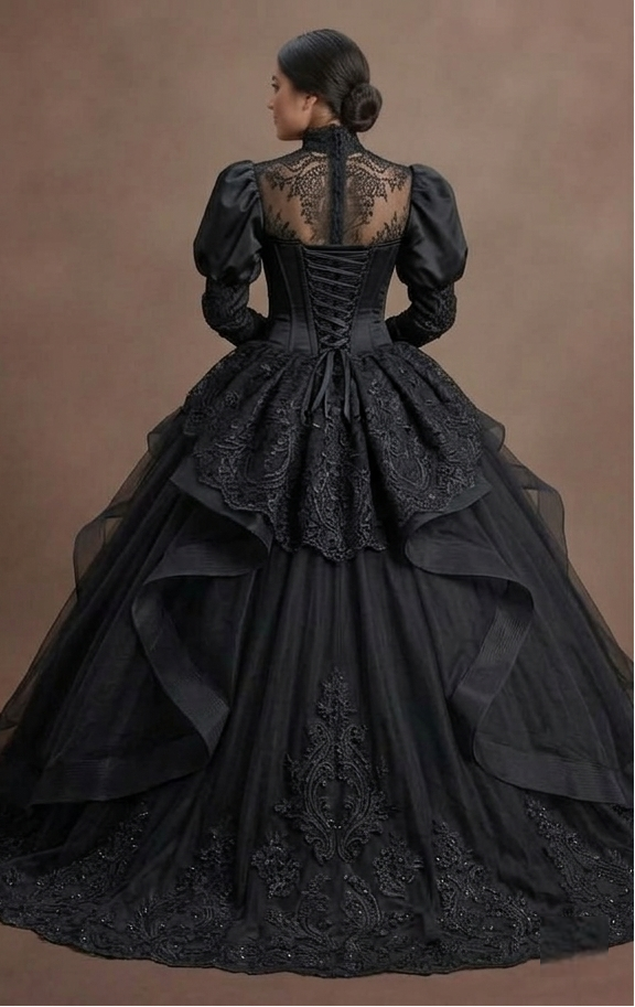 Victorian Black Quinceañera Dress Corset & Lace Detail